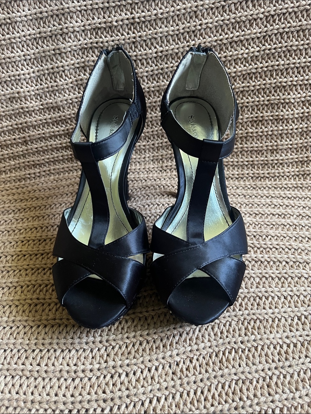 Style & Co. Black T-Strap Crisscross Open-Toe Heels